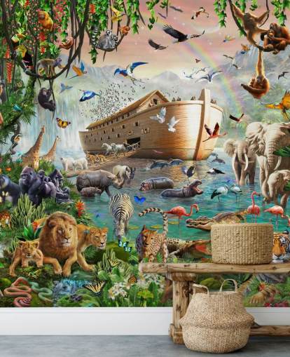 kleurrijke op maat gemaakte dierenbehangmuurschildering genaamd Noah's Ark Jumbo van Adrian Chesterman voor kinderkamers