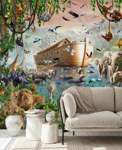 colorful custom animal wallpaper mural called Noah’s Ark Jumbo by Adrian Chesterman for children's bedrooms