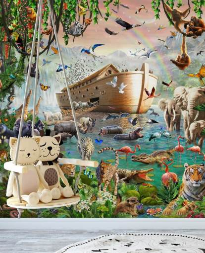 Adrian Chestermanin värikäs mukautettu eläintaustakuvamaalaus nimeltä Noah's Ark Jumbo lasten makuuhuoneisiin Adrian Chestermanin värikäs mukautettu eläintaustakuvamaalaus nimeltä Noah's Ark Jumbo lasten makuuhuoneisiin