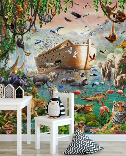 färgglad anpassad djurtapet väggmålning som heter Noah's Ark Jumbo av Adrian Chesterman för barnens sovrum