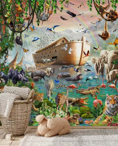 fargerikt tilpasset dyretapet veggmaleri kalt Noah's Ark Jumbo av Adrian Chesterman for barnas soverom