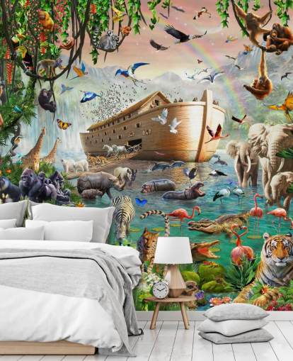 colorido mural de papel pintado de animales personalizado llamado Noah's Ark Jumbo de Adrian Chesterman para dormitorios infantiles
