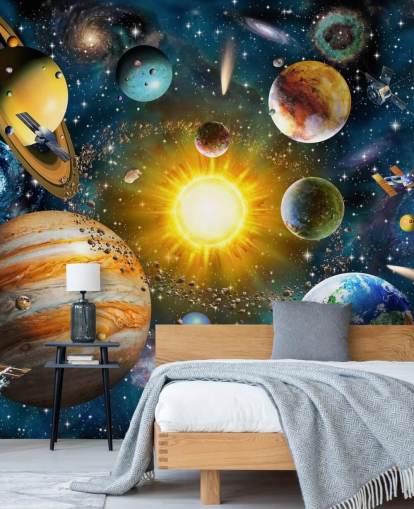 carta da parati colorata personalizzata con pianeti chiamata Our Solar System di Adrian Chesterman per le camerette dei bambini