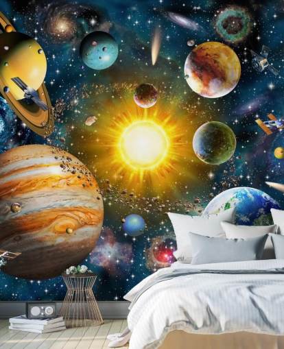 carta da parati colorata personalizzata con pianeti chiamata Our Solar System di Adrian Chesterman per le camerette dei bambini