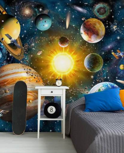 fargerikt tilpasset planettapet kalt Vårt solsystem av Adrian Chesterman for barnas soverom