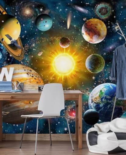 carta da parati colorata personalizzata con pianeti chiamata Our Solar System di Adrian Chesterman per le camerette dei bambini