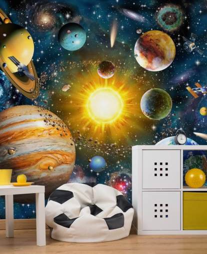 farbenfrohe benutzerdefinierte Planetentapete namens Our Solar System von Adrian Chesterman für Kinderzimmer