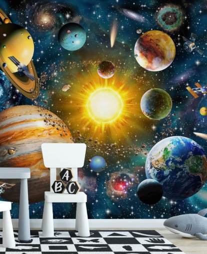 färgglada anpassade planet tapeter som heter Vårt solsystem av Adrian Chesterman för barnens sovrum