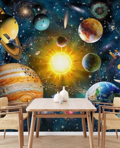 colorido papel pintado personalizado de planetas llamado Nuestro Sistema Solar de Adrian Chesterman para dormitorios de niños