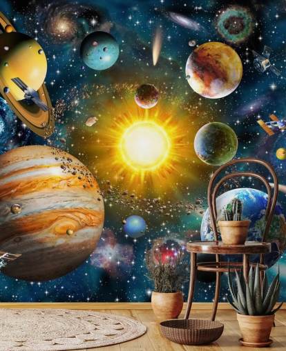 colourful custom planet wallpaper called Our Solar System by Adrian Chesterman for children's bedrooms