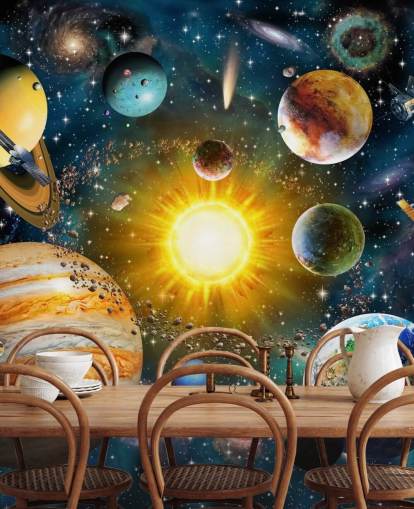 kleurrijk planeetbehang op maat genaamd Our Solar System van Adrian Chesterman voor kinderkamers