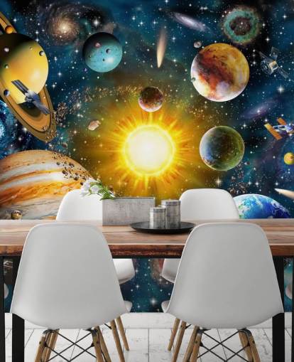 kleurrijk planeetbehang op maat genaamd Our Solar System van Adrian Chesterman voor kinderkamers kleurrijk planeetbehang op maat genaamd Our Solar System van Adrian Chesterman voor kinderkamers