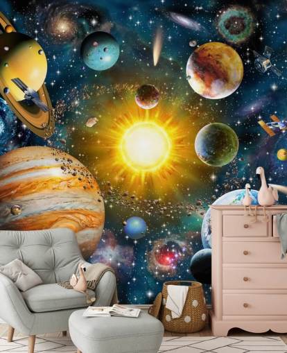 colourful custom planet wallpaper called Our Solar System by Adrian Chesterman for children's bedrooms colourful custom planet wallpaper called Our Solar System by Adrian Chesterman for children's bedrooms