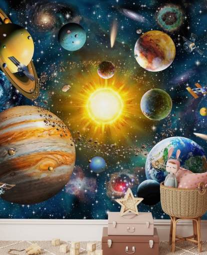 färgglada anpassade planet tapeter som heter Vårt solsystem av Adrian Chesterman för barnens sovrum