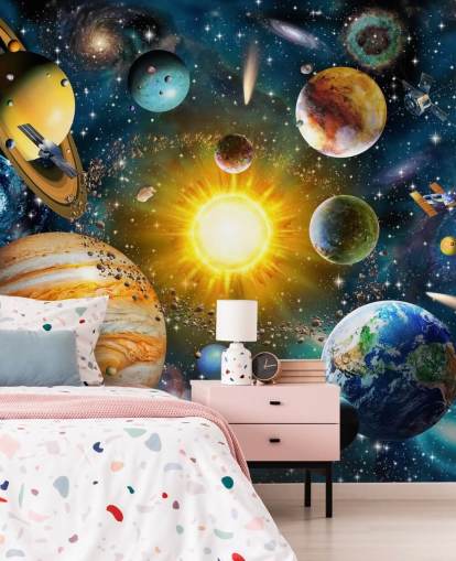 Adrian Chestermanin värikäs mukautettu planeetta-taustakuva nimeltä Our Solar System lasten makuuhuoneisiin