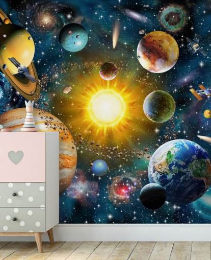 colorido papel pintado personalizado de planetas llamado Nuestro Sistema Solar de Adrian Chesterman para dormitorios de niños