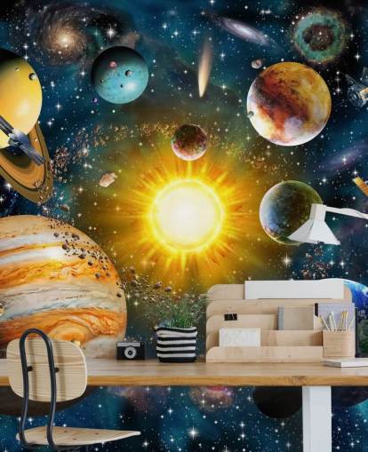 färgglada anpassade planet tapeter som heter Vårt solsystem av Adrian Chesterman för barnens sovrum