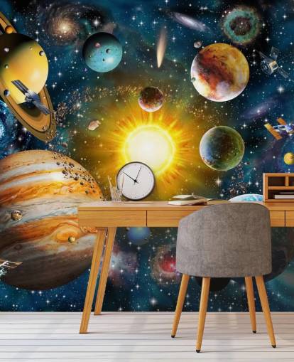colorido papel pintado personalizado de planetas llamado Nuestro Sistema Solar de Adrian Chesterman para dormitorios de niños