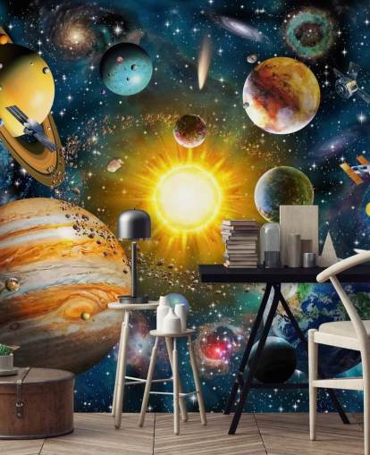 colorido papel pintado personalizado de planetas llamado Nuestro Sistema Solar de Adrian Chesterman para dormitorios de niños