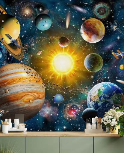 kleurrijk planeetbehang op maat genaamd Our Solar System van Adrian Chesterman voor kinderkamers kleurrijk planeetbehang op maat genaamd Our Solar System van Adrian Chesterman voor kinderkamers