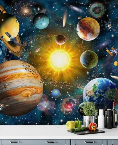 papel de parede colorido de planetas personalizado chamado Our Solar System, de Adrian Chesterman, para quartos infantis papel de parede colorido de planetas personalizado chamado Our Solar System, de Adrian Chesterman, para quartos infantis