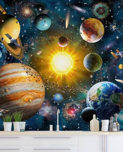 fargerikt tilpasset planettapet kalt Vårt solsystem av Adrian Chesterman for barnas soverom
