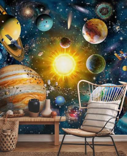 papel de parede colorido de planetas personalizado chamado Our Solar System, de Adrian Chesterman, para quartos infantis