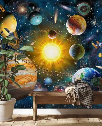 Adrian Chestermanin värikäs mukautettu planeetta-taustakuva nimeltä Our Solar System lasten makuuhuoneisiin