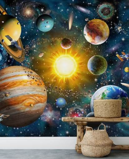 colorido papel pintado personalizado de planetas llamado Nuestro Sistema Solar de Adrian Chesterman para dormitorios de niños