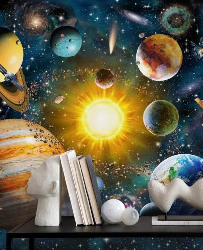 kleurrijk planeetbehang op maat genaamd Our Solar System van Adrian Chesterman voor kinderkamers