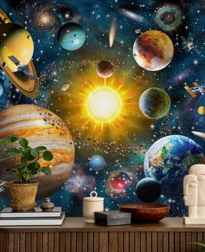 colourful custom planet wallpaper called Our Solar System by Adrian Chesterman for children's bedrooms