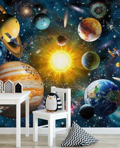 papel de parede colorido de planetas personalizado chamado Our Solar System, de Adrian Chesterman, para quartos infantis