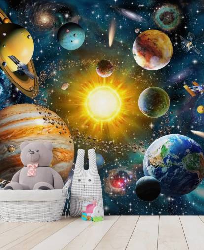 carta da parati colorata personalizzata con pianeti chiamata Our Solar System di Adrian Chesterman per le camerette dei bambini