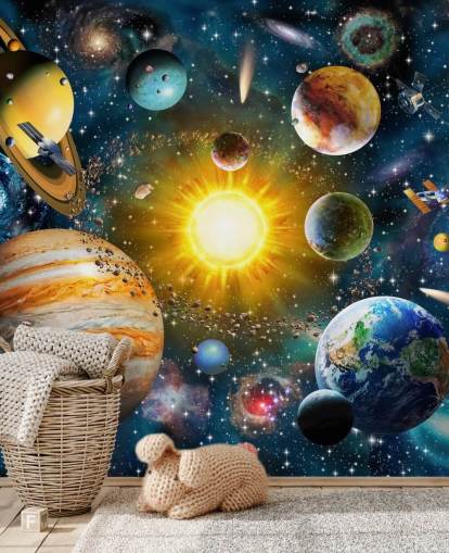 colourful custom planet wallpaper called Our Solar System by Adrian Chesterman for children's bedrooms