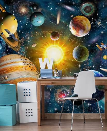 papel de parede colorido de planetas personalizado chamado Our Solar System, de Adrian Chesterman, para quartos infantis