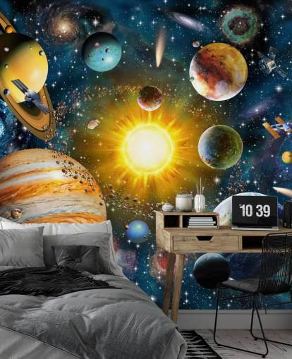 farbenfrohe benutzerdefinierte Planetentapete namens Our Solar System von Adrian Chesterman für Kinderzimmer