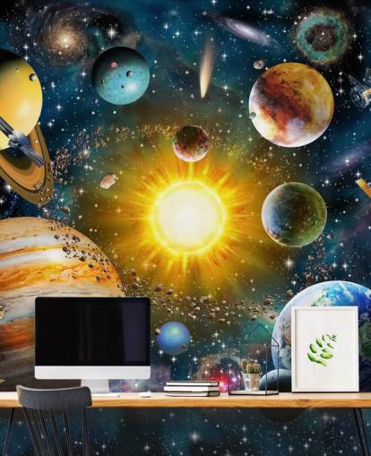 farbenfrohe benutzerdefinierte Planetentapete namens Our Solar System von Adrian Chesterman für Kinderzimmer