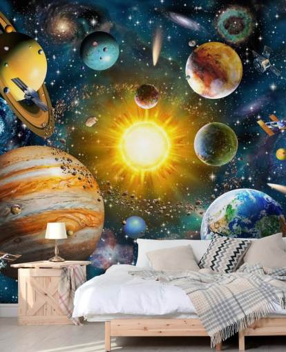 färgglada anpassade planet tapeter som heter Vårt solsystem av Adrian Chesterman för barnens sovrum