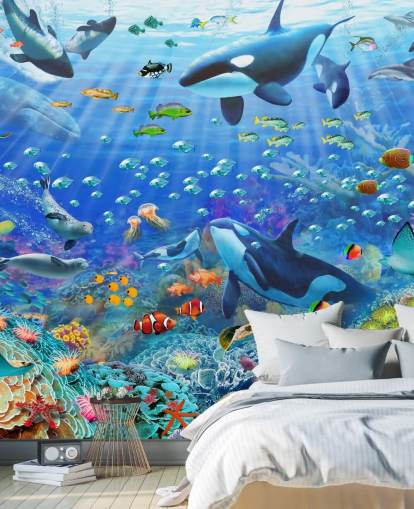 colorful customizable ocean wallpaper mural called Underwater Scenery by Adrian Chesterman for children's bedroom