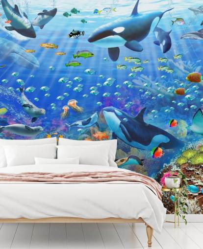 colorido mural de papel pintado oceánico personalizable llamado Underwater Scenery de Adrian Chesterman para dormitorio infantil