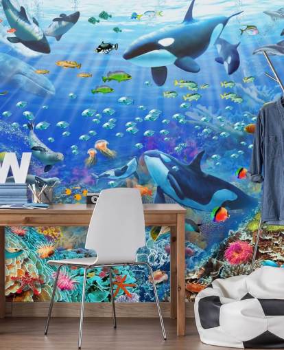 kleurrijke aanpasbare oceaanbehangmuurschildering genaamd Underwater Scenery van Adrian Chesterman voor de kinderkamer kleurrijke aanpasbare oceaanbehangmuurschildering genaamd Underwater Scenery van Adrian Chesterman voor de kinderkamer