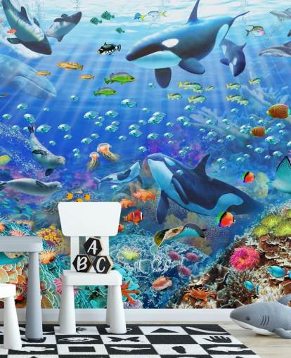 colorido mural de papel pintado oceánico personalizable llamado Underwater Scenery de Adrian Chesterman para dormitorio infantil