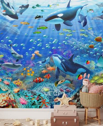 färgglad anpassningsbar havstapetväggmålning kallad Underwater Scenery av Adrian Chesterman för barnens sovrum