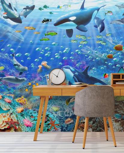 kleurrijke aanpasbare oceaanbehangmuurschildering genaamd Underwater Scenery van Adrian Chesterman voor de kinderkamer