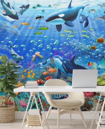 kleurrijke aanpasbare oceaanbehangmuurschildering genaamd Underwater Scenery van Adrian Chesterman voor de kinderkamer kleurrijke aanpasbare oceaanbehangmuurschildering genaamd Underwater Scenery van Adrian Chesterman voor de kinderkamer