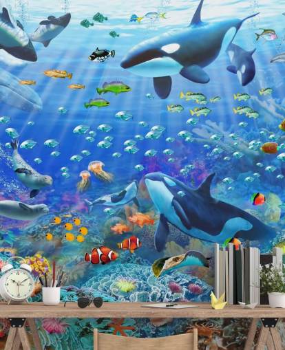 Adrian Chestermanin värikäs muokattava valtameren taustakuvamaalaus nimeltä Underwater Scenery lasten makuuhuoneeseen Adrian Chestermanin värikäs muokattava valtameren taustakuvamaalaus nimeltä Underwater Scenery lasten makuuhuoneeseen