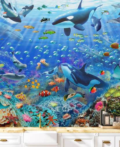 mural colorido de papel de parede oceânico personalizável chamado Underwater Scenery de Adrian Chesterman para quarto infantil