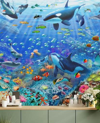 Adrian Chestermanin värikäs muokattava valtameren taustakuvamaalaus nimeltä Underwater Scenery lasten makuuhuoneeseen