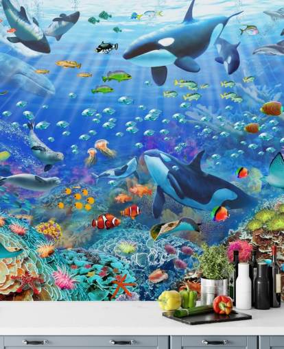 colorful customizable ocean wallpaper mural called Underwater Scenery by Adrian Chesterman for children's bedroom