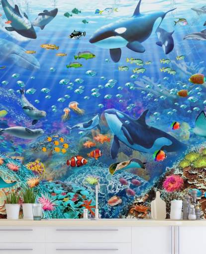 colorido mural de papel pintado oceánico personalizable llamado Underwater Scenery de Adrian Chesterman para dormitorio infantil